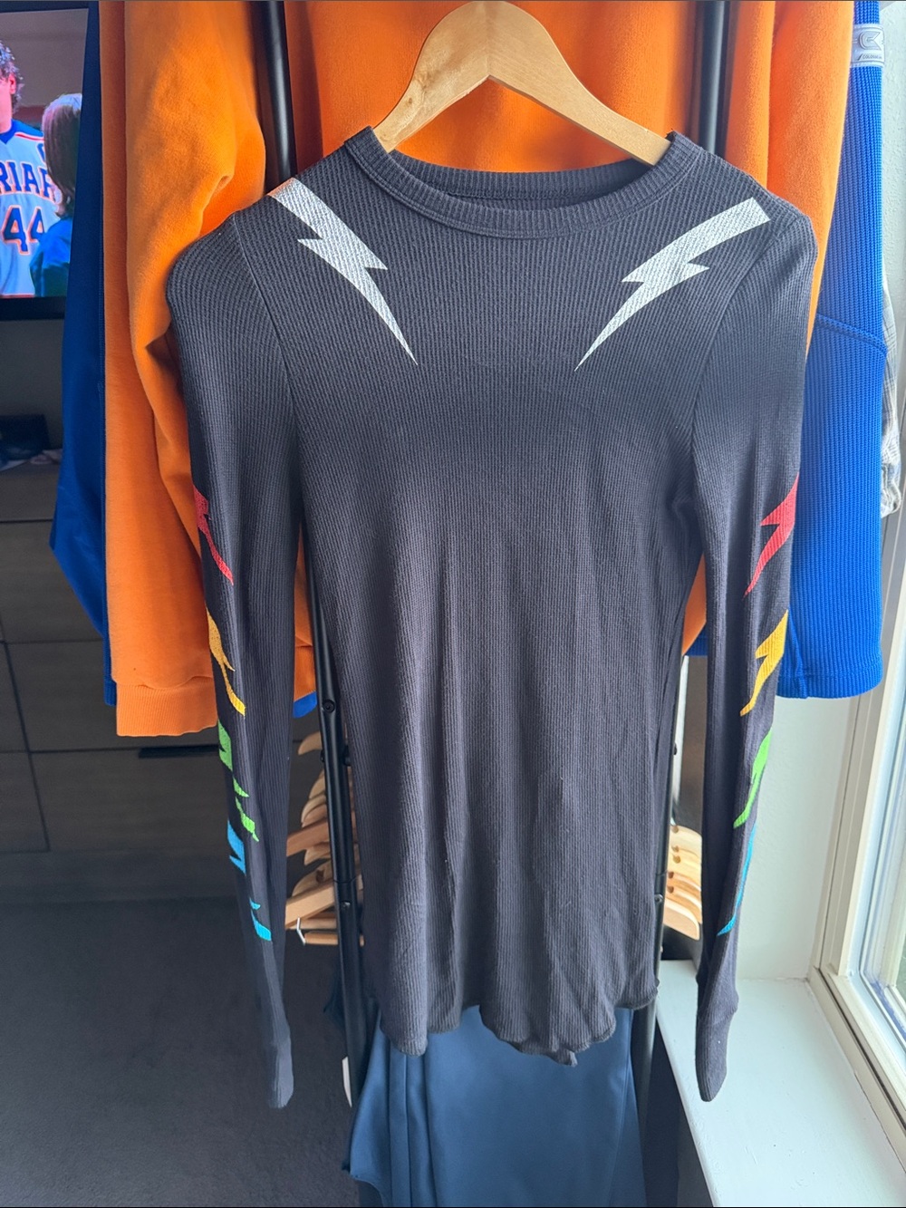 Lauren Moshi Black Long Sleeve Tee with Rainbow Lightning Bolts
